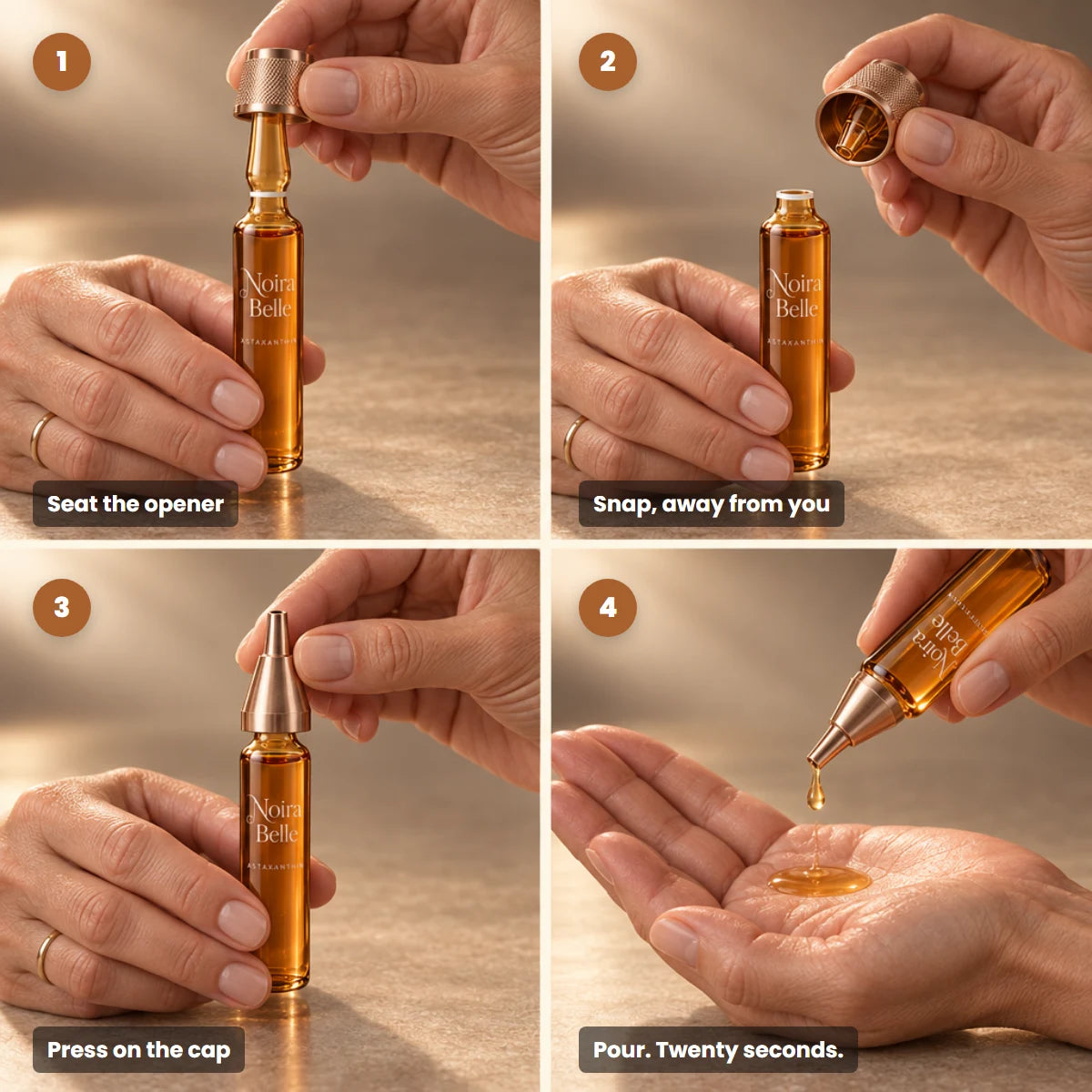 Seat the opener, snap, press on the cap, pour into your palm